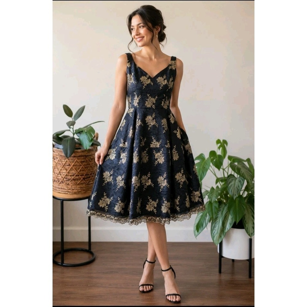 Jill Stuart Navy Blue Dress with Gold Floral Brocade